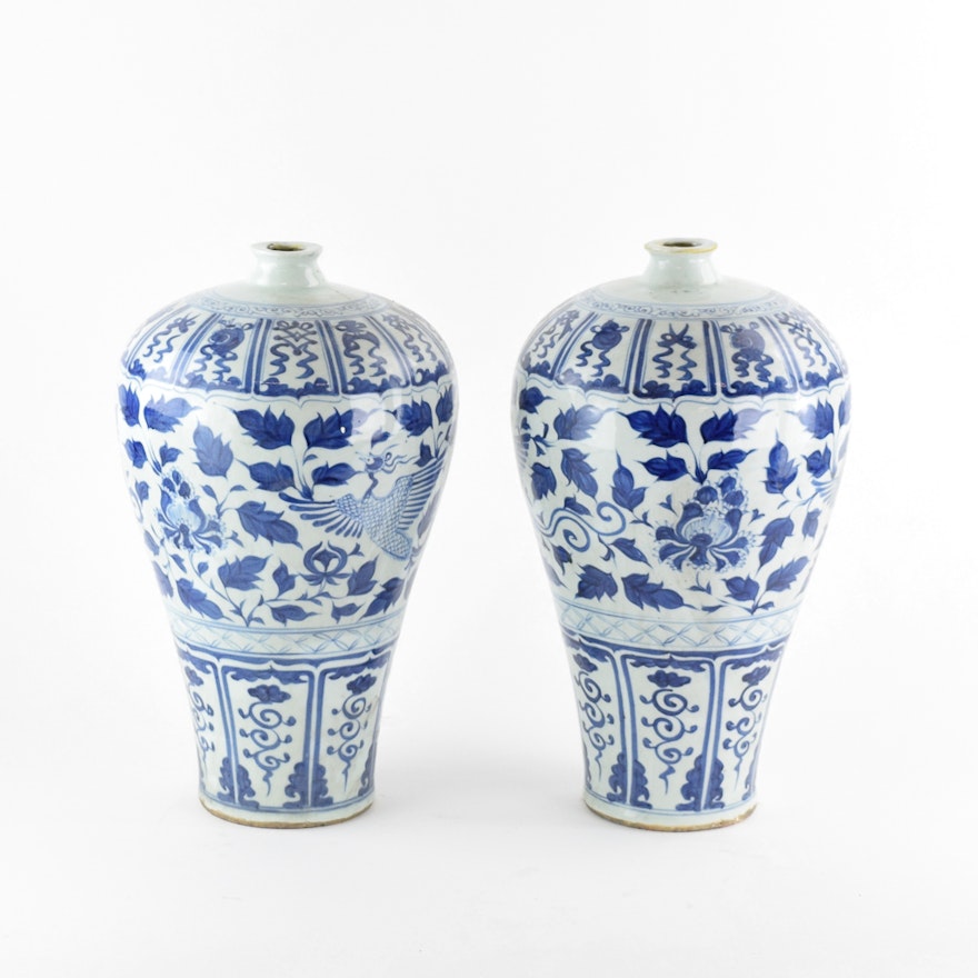 Blue and White Ceramic Chinese Phoenix Vases