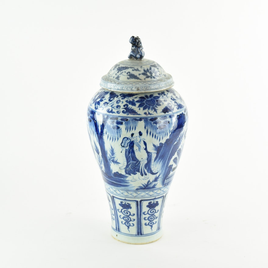 Chinese Ceramic White and Blue Budai Covered Vase