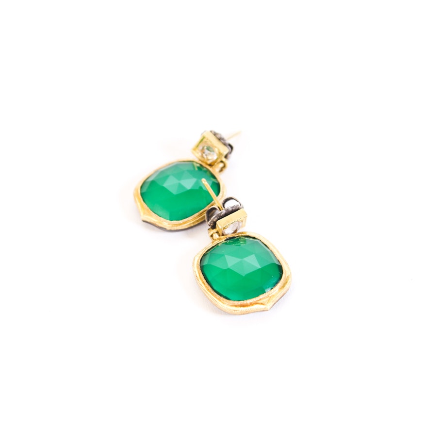 Sterling Silver Gold Tone Green Chalcedony Drop Earrings