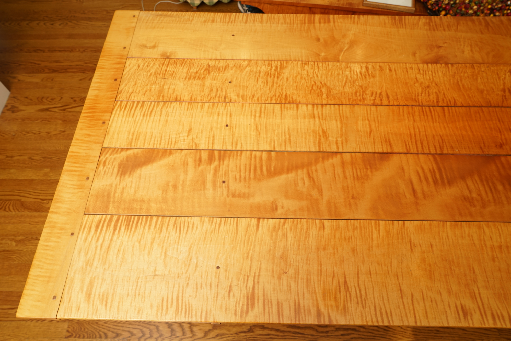 Hand-Crafted Tiger Maple Convertible Trestle Table with Storage Bench