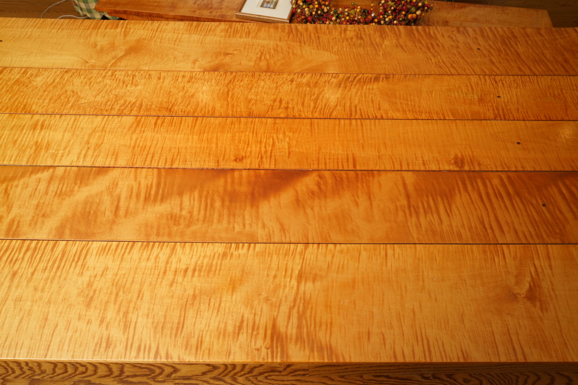 Hand-Crafted Tiger Maple Convertible Trestle Table with Storage Bench