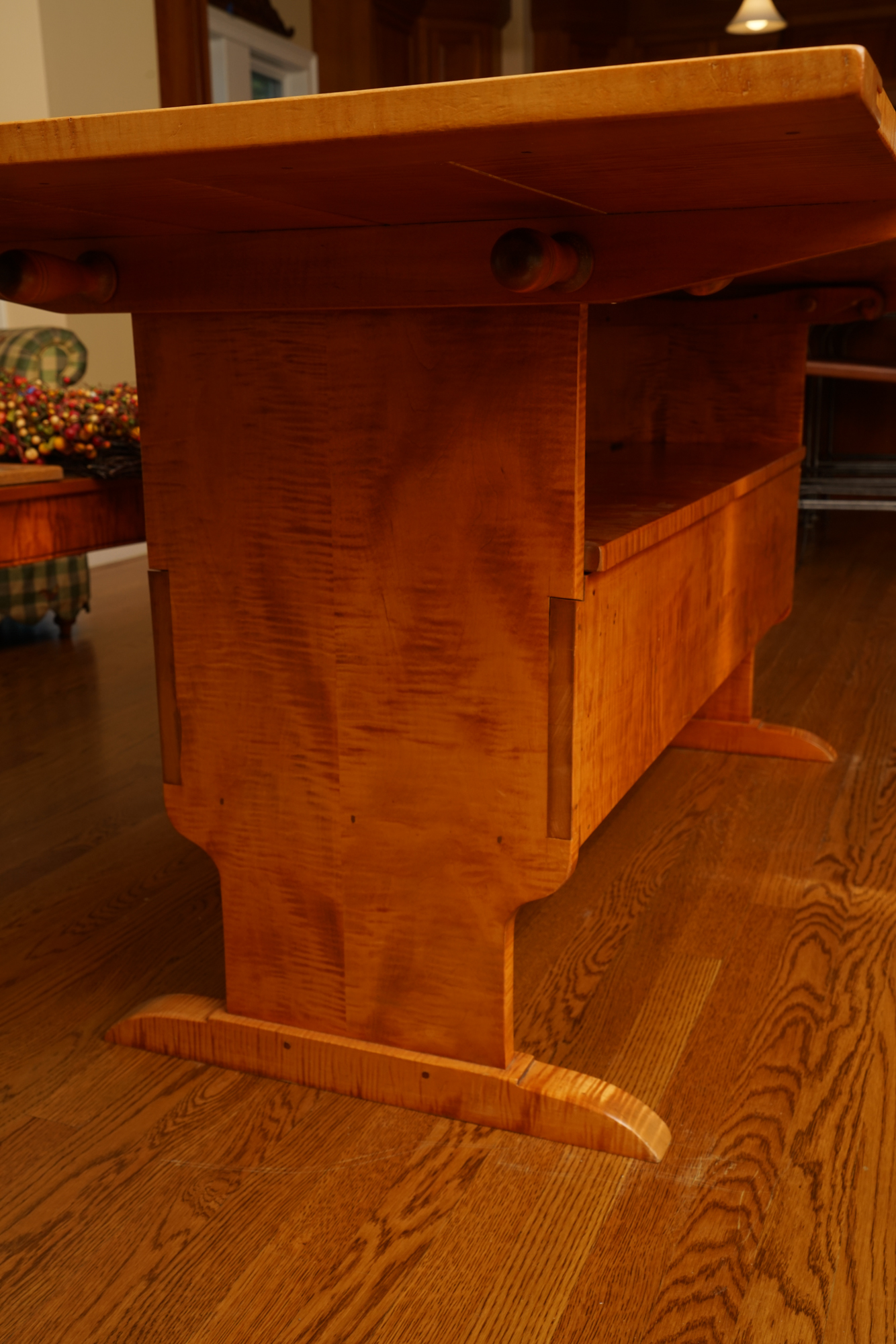 Hand-Crafted Tiger Maple Convertible Trestle Table with Storage Bench