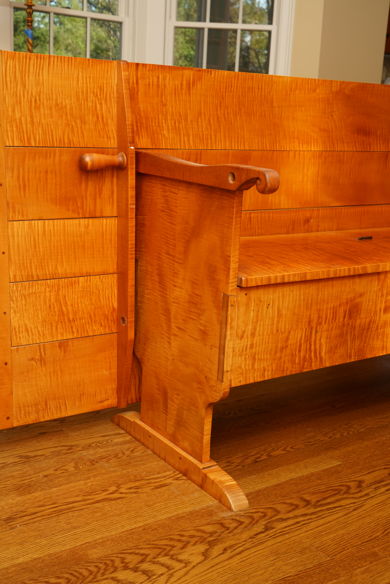 Hand-Crafted Tiger Maple Convertible Trestle Table with Storage Bench