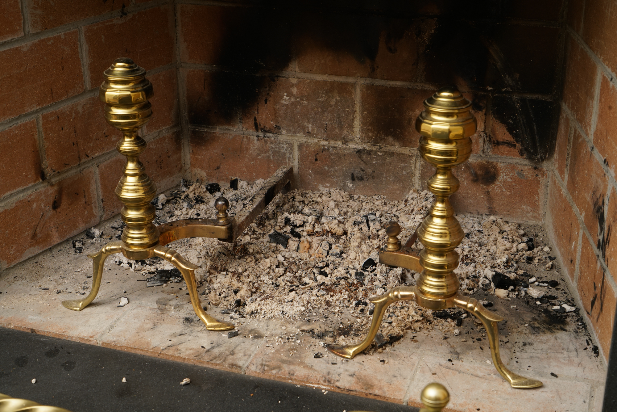 Vintage Brass Fireplace Andirons and Fender