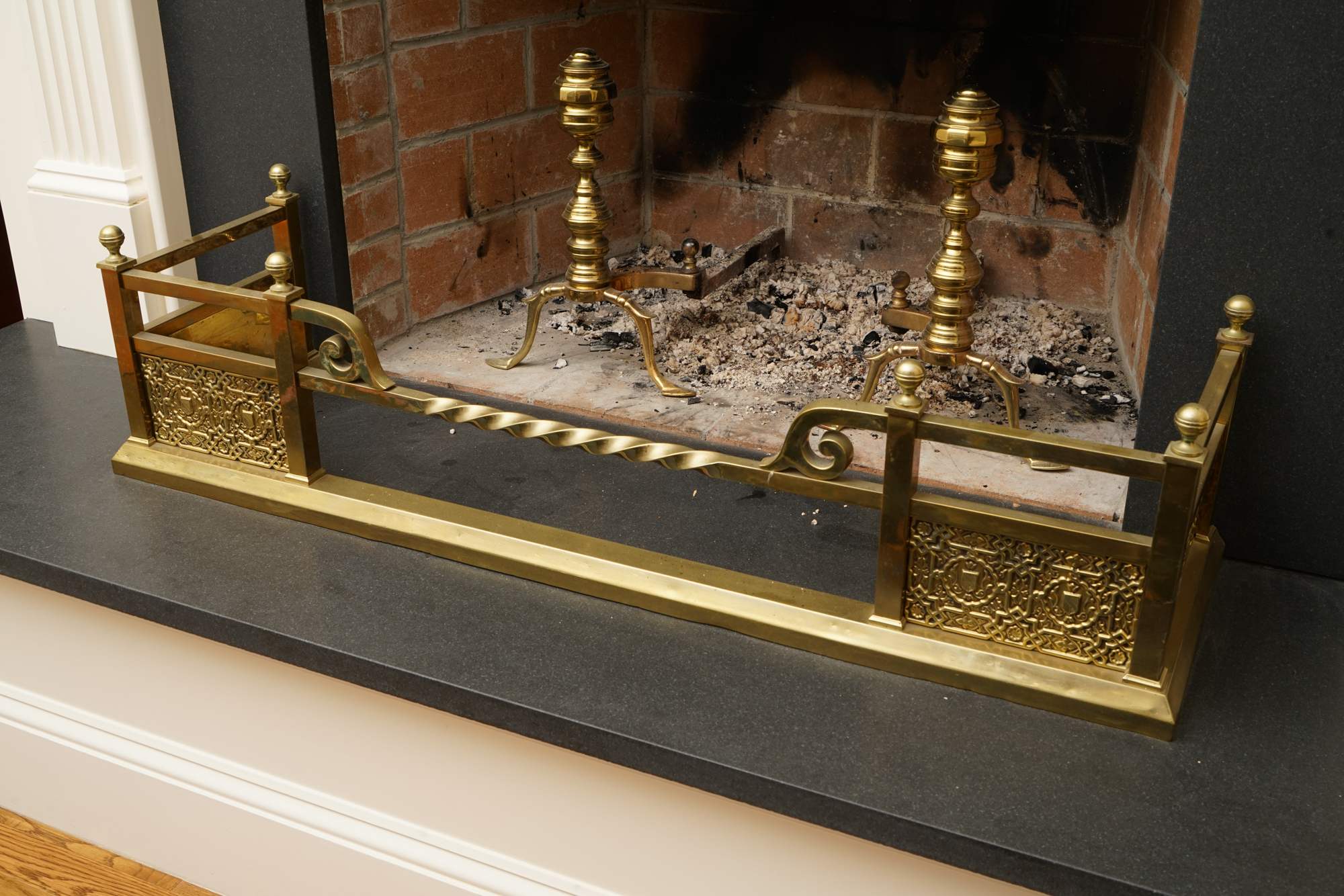 Vintage Brass Fireplace Andirons and Fender