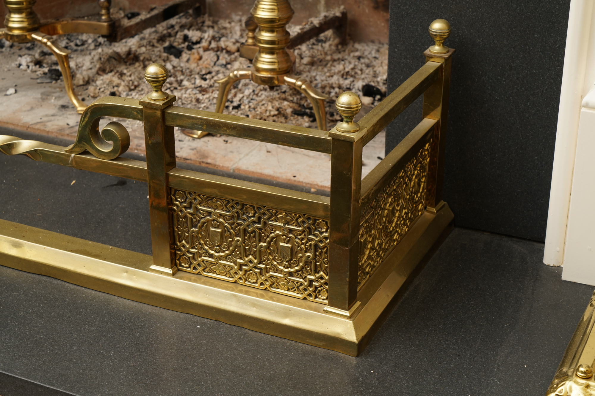 Vintage Brass Fireplace Andirons and Fender