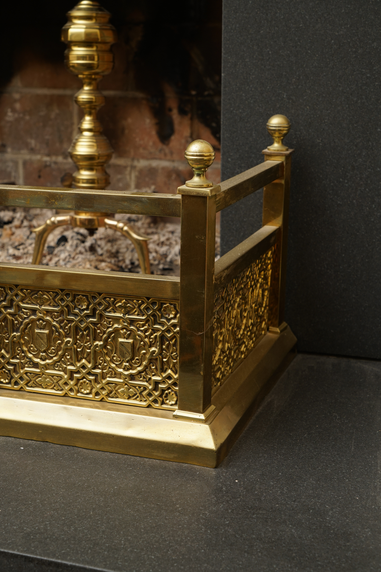 Vintage Brass Fireplace Andirons and Fender