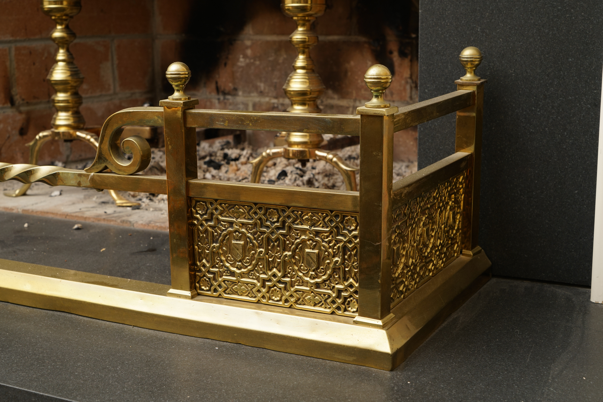 Vintage Brass Fireplace Andirons and Fender