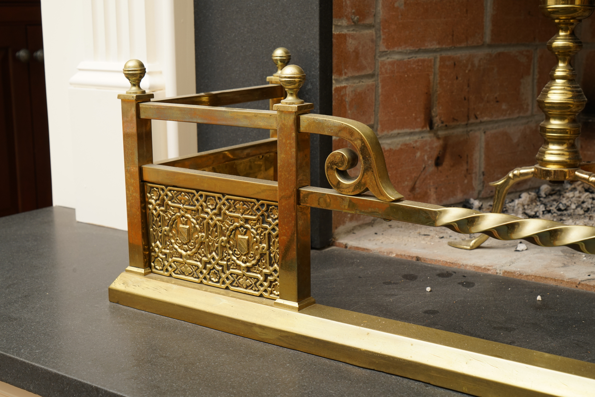 Vintage Brass Fireplace Andirons and Fender