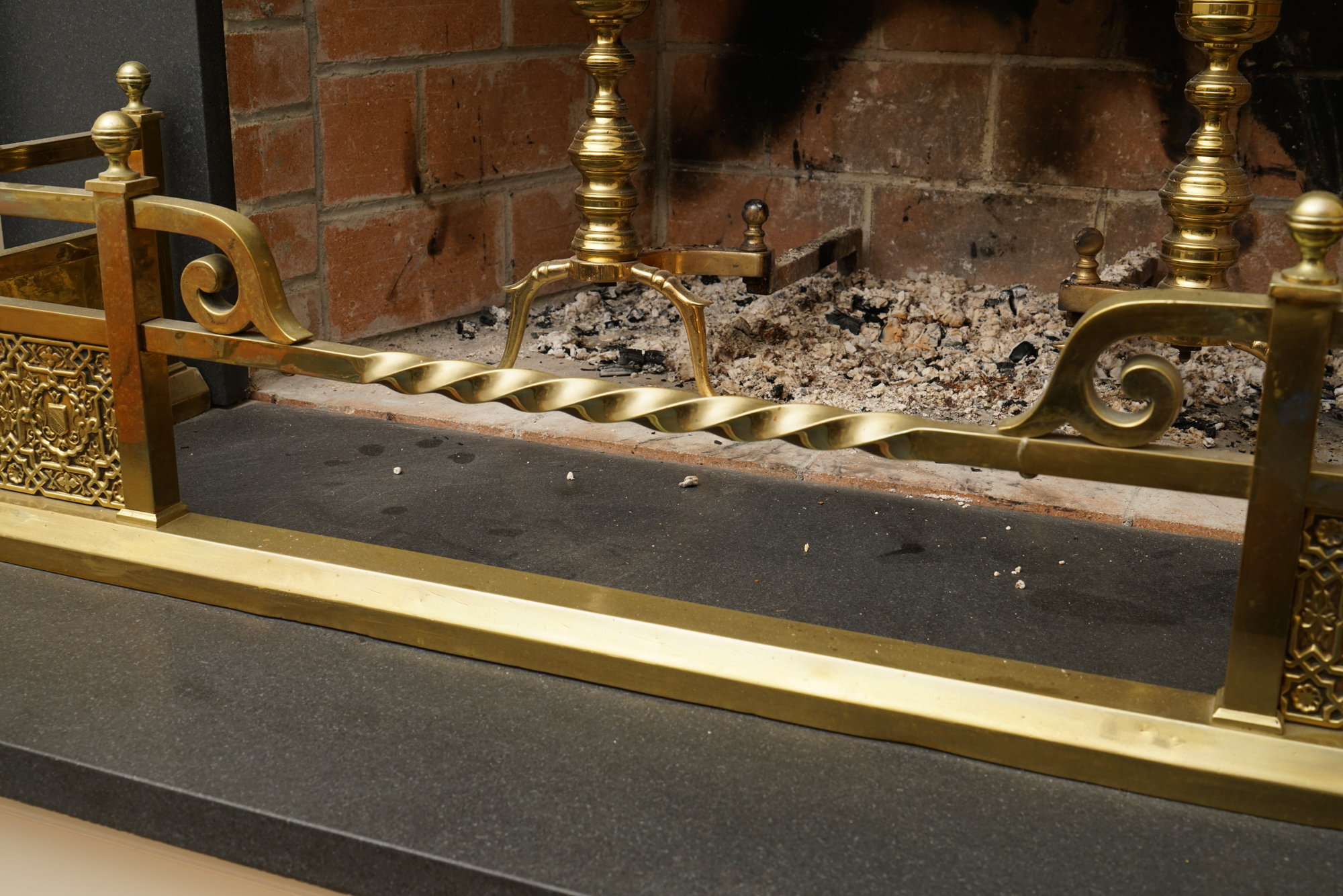 Vintage Brass Fireplace Andirons and Fender