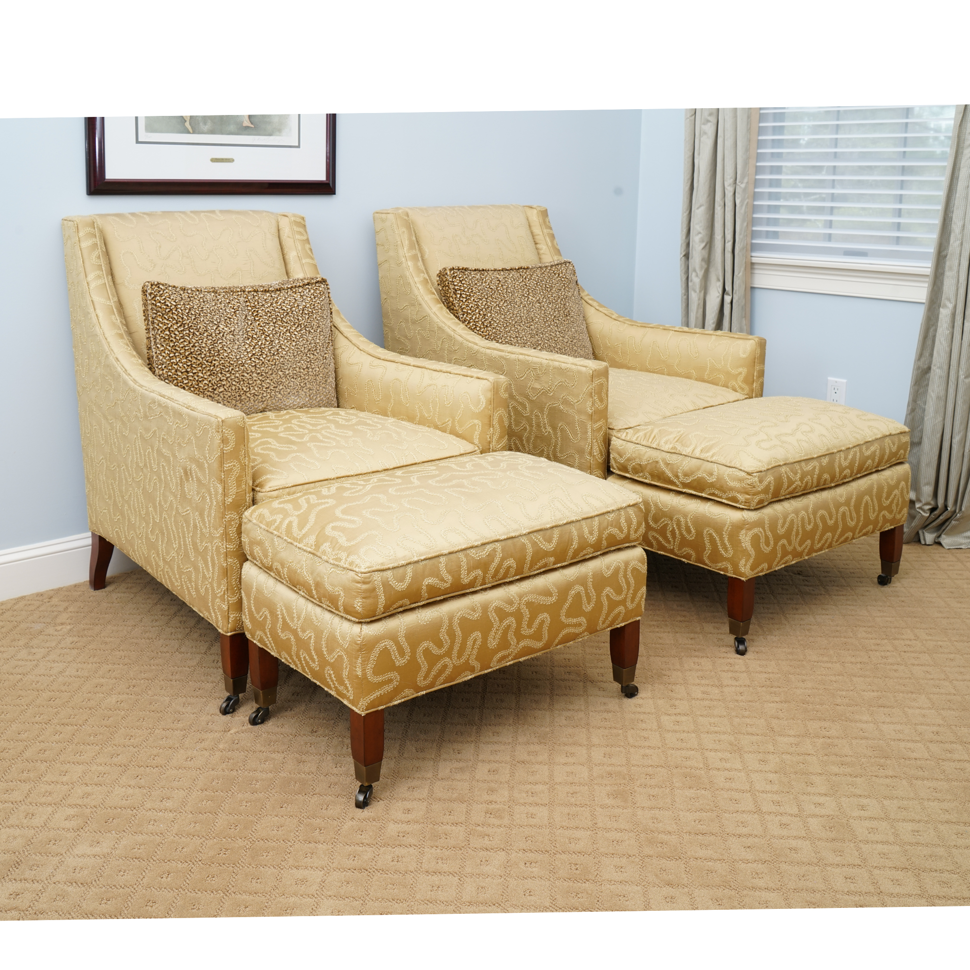 Pair of Mid Century Modern Style Armchairs and Ottomans by Duralee