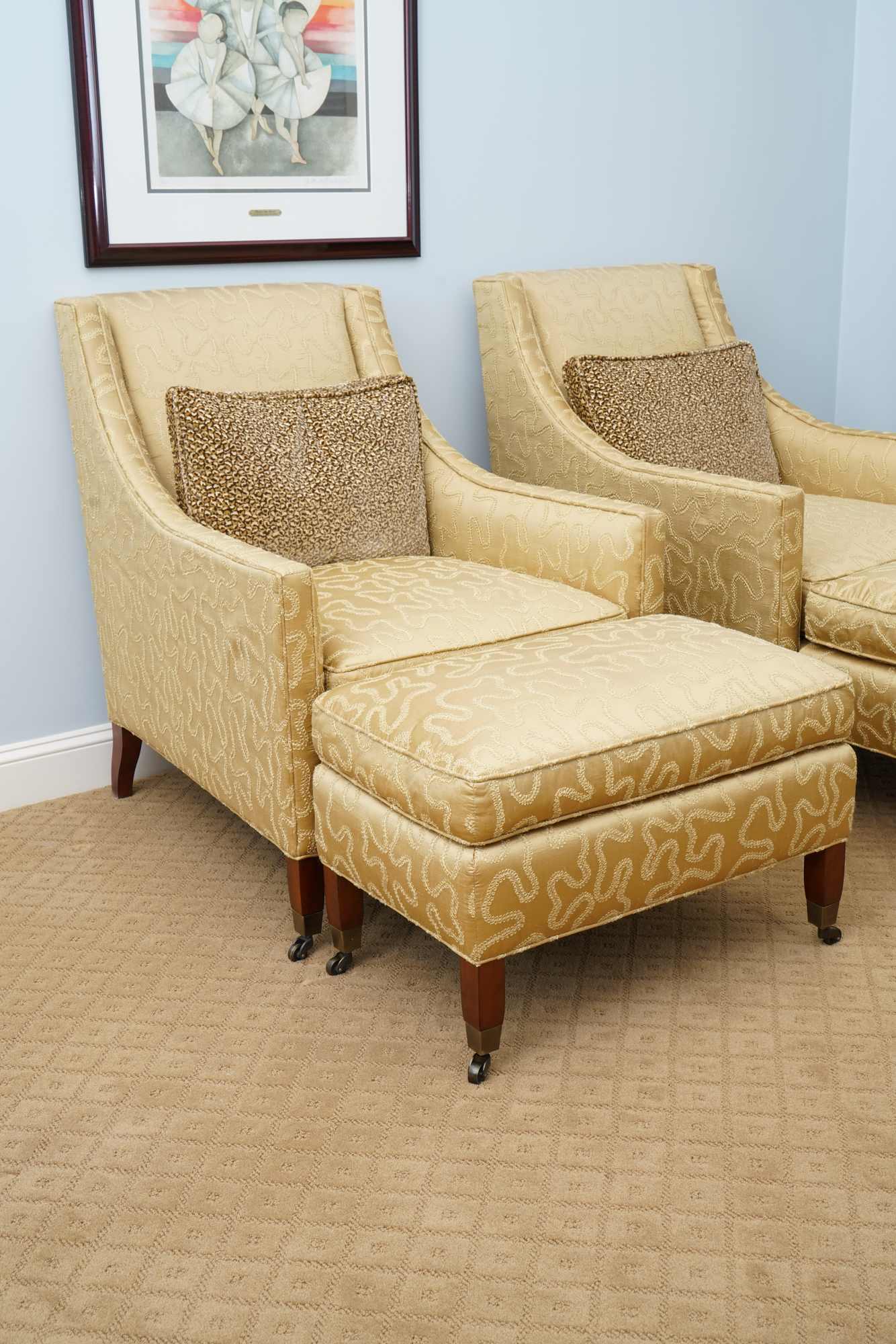 Pair of Mid Century Modern Style Armchairs and Ottomans by Duralee