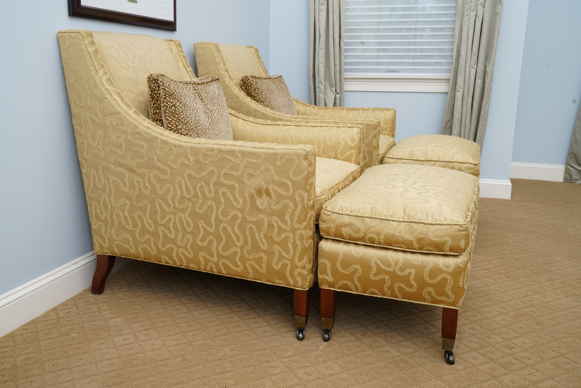 Pair of Mid Century Modern Style Armchairs and Ottomans by Duralee