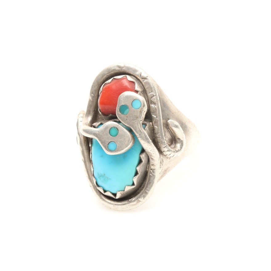 Effie Calavaza Zuni Sterling Silver Stabilized Turquoise and Coral Snake Ring