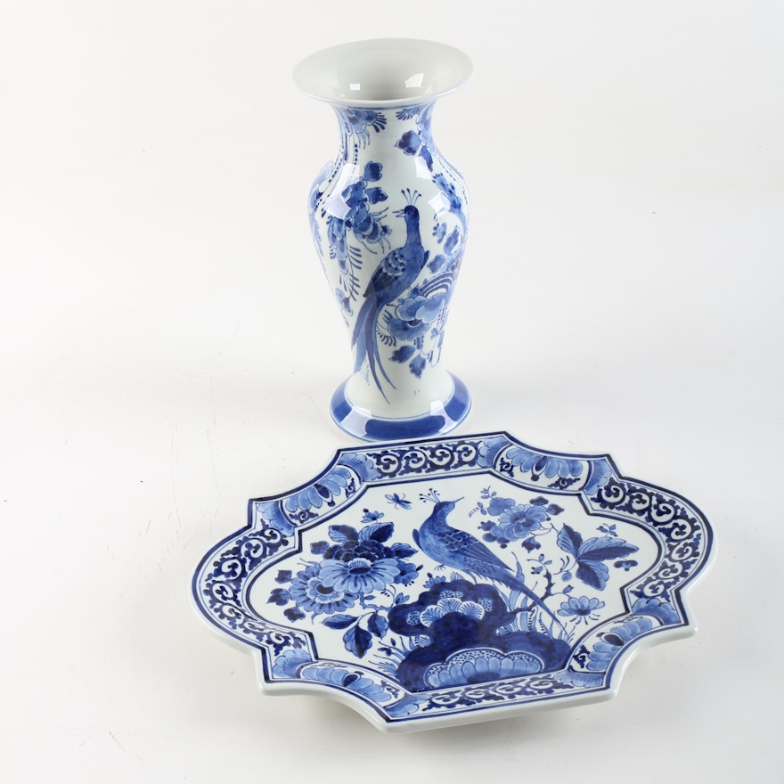 Decorative Hand-painted Delft Plate and Vase