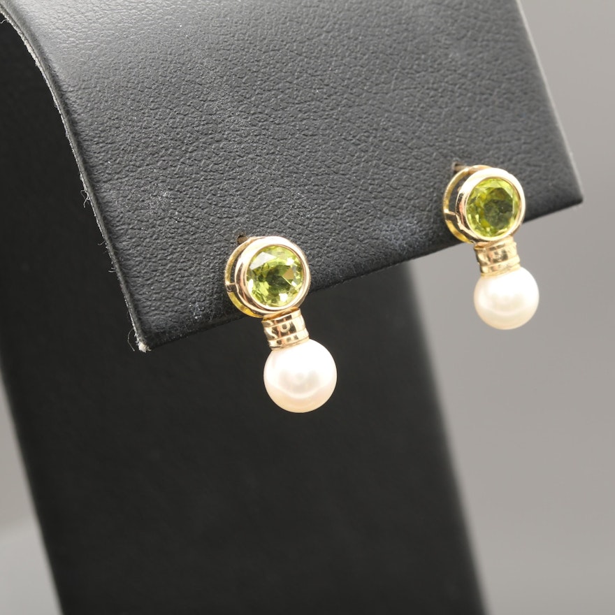 14K Yellow Gold Peridot and Pearl Earrings