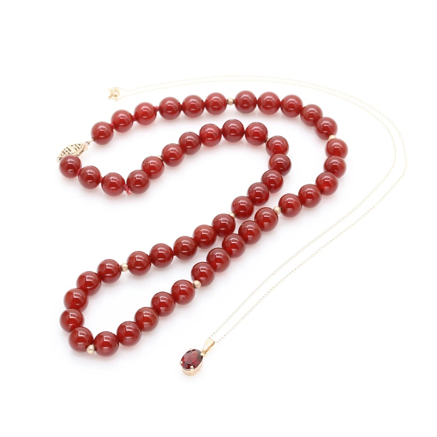 10K and 14K Yellow Gold Garnet and Carnelian Necklaces