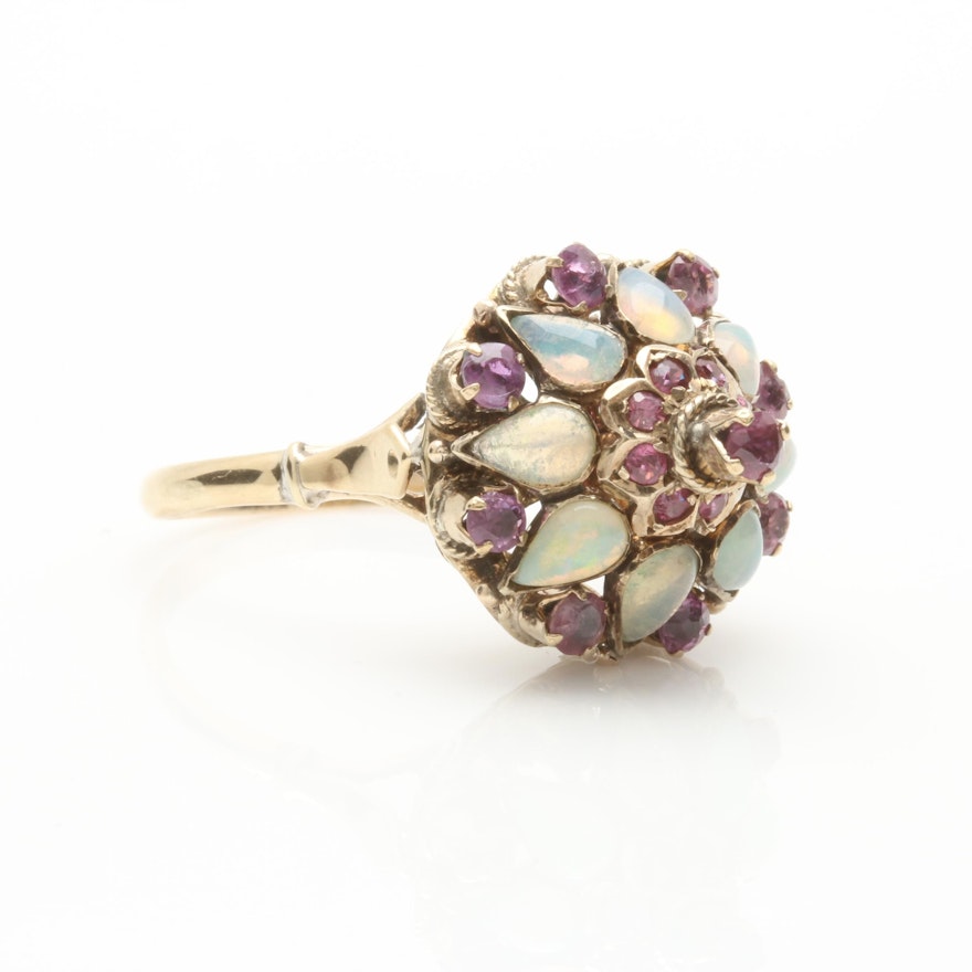 Vintage 14K Yellow Gold Opal and Ruby Mughal Ring