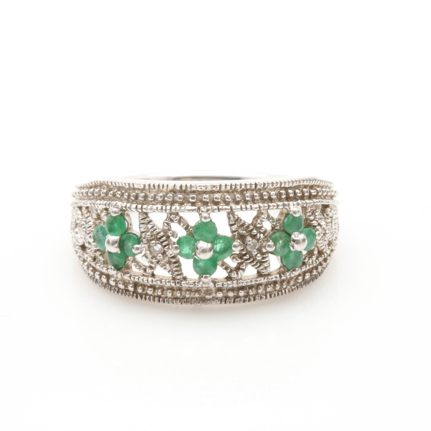 Sterling Silver Emerald and Diamond Ring