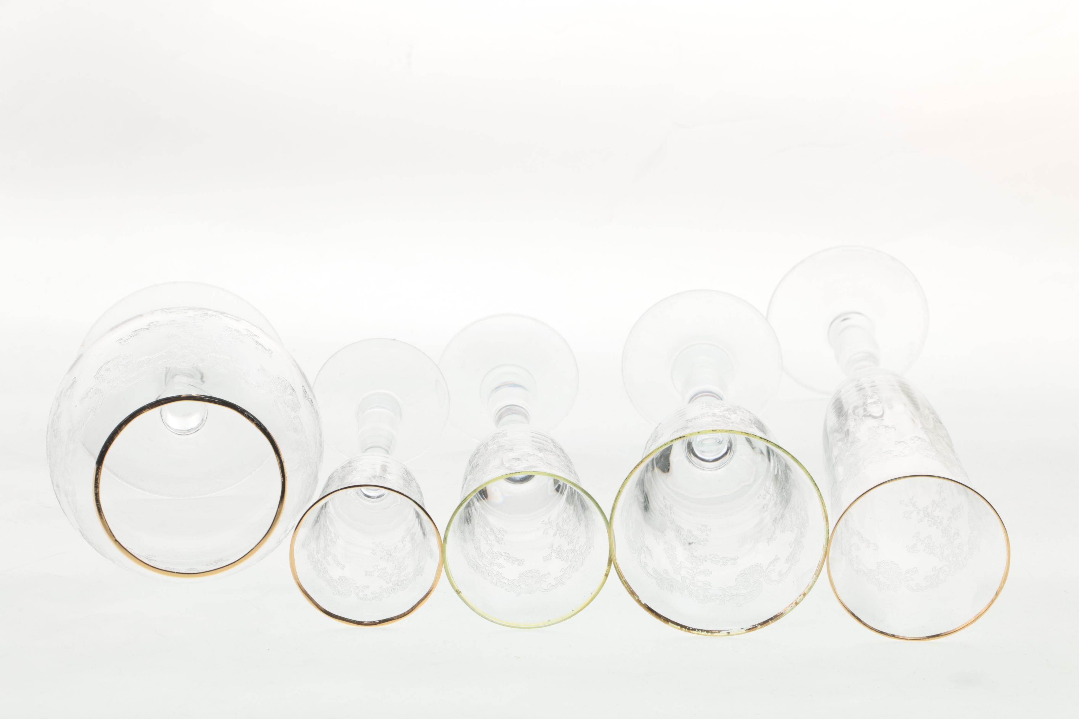 Gilt Rim Etched Glass Stemware