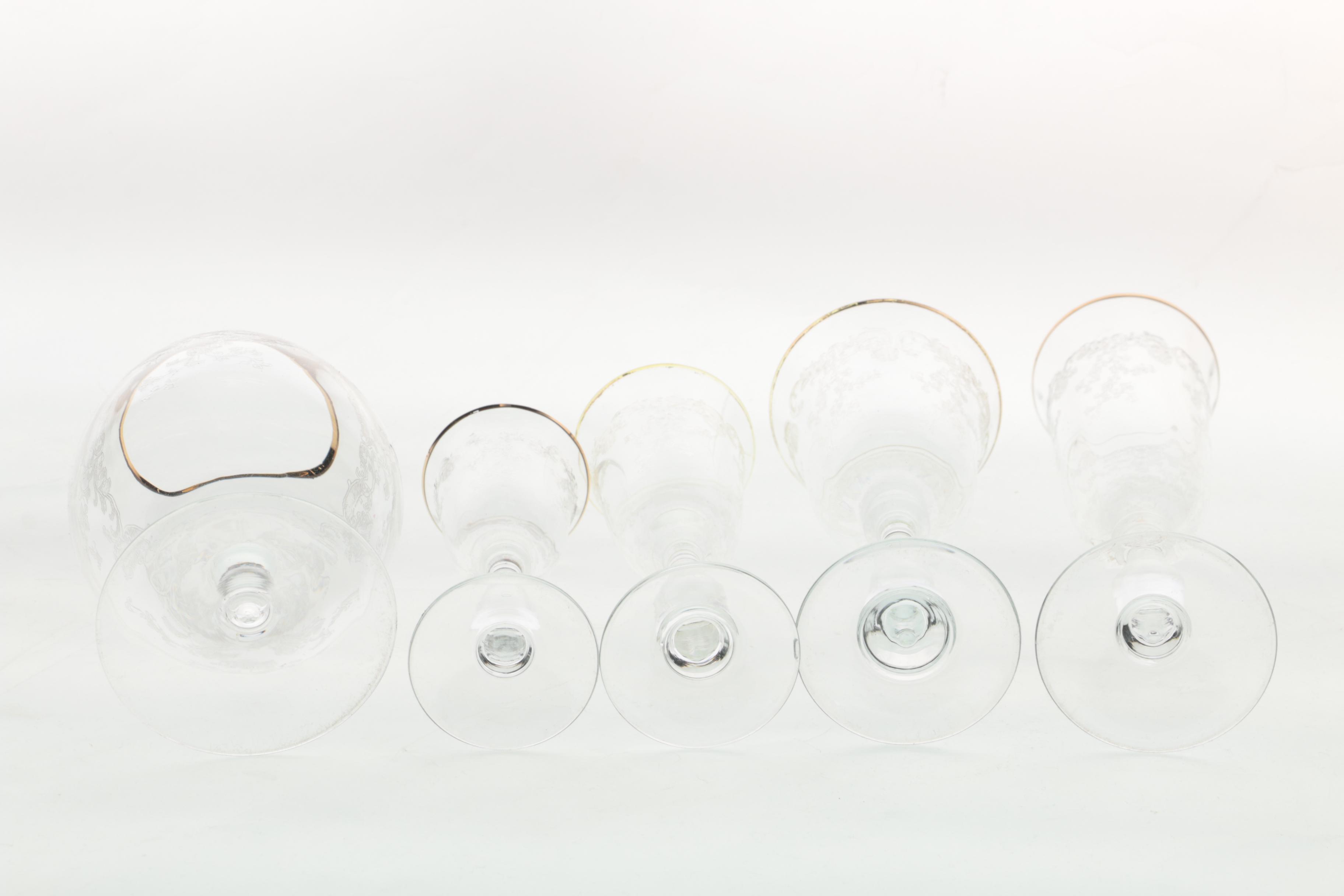 Gilt Rim Etched Glass Stemware