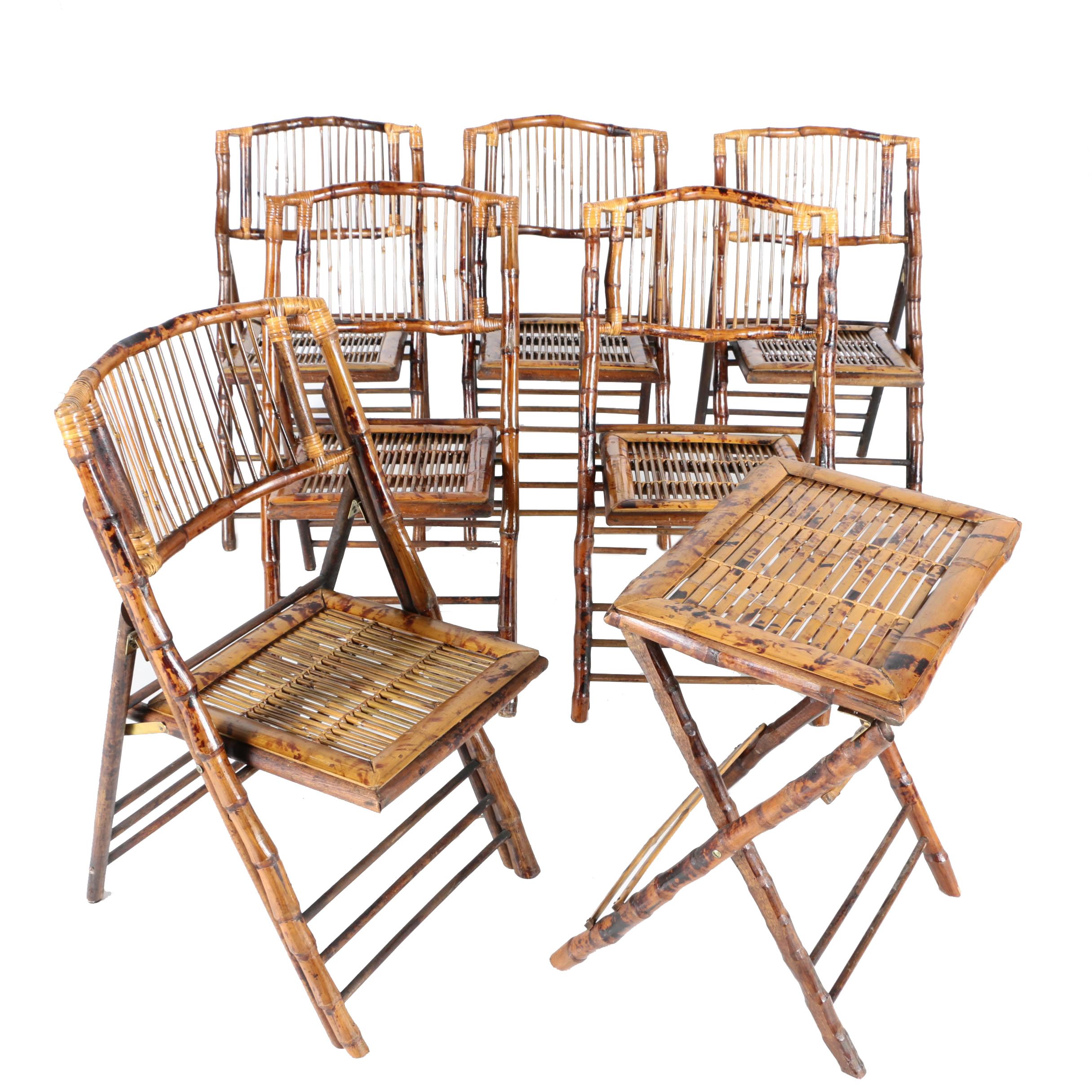 Six Wooden Folding Chairs with Reed and Bamboo Motif