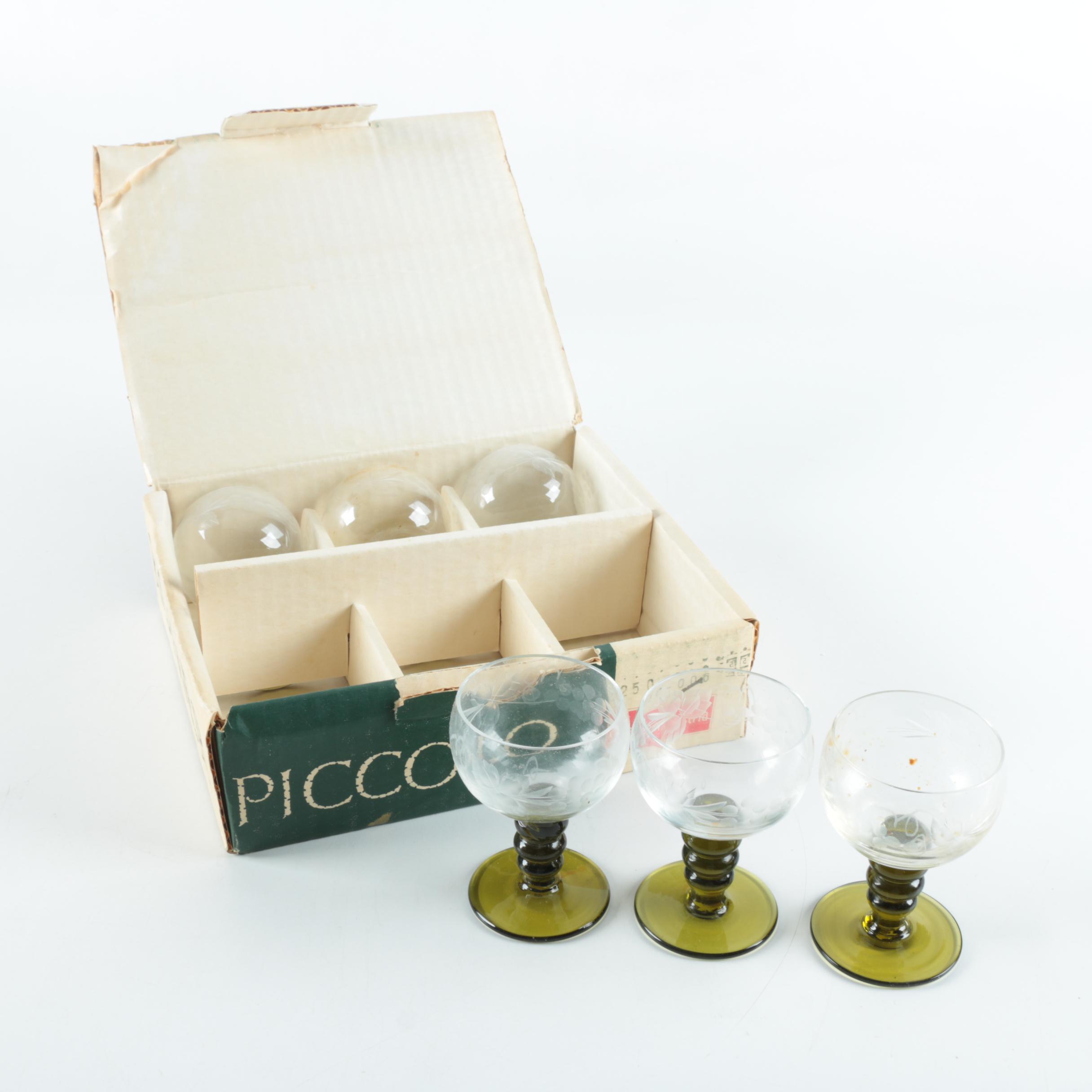 Vintage Roemer Piccolo Grape Leaf Etched Wine Glasses with Green Stems