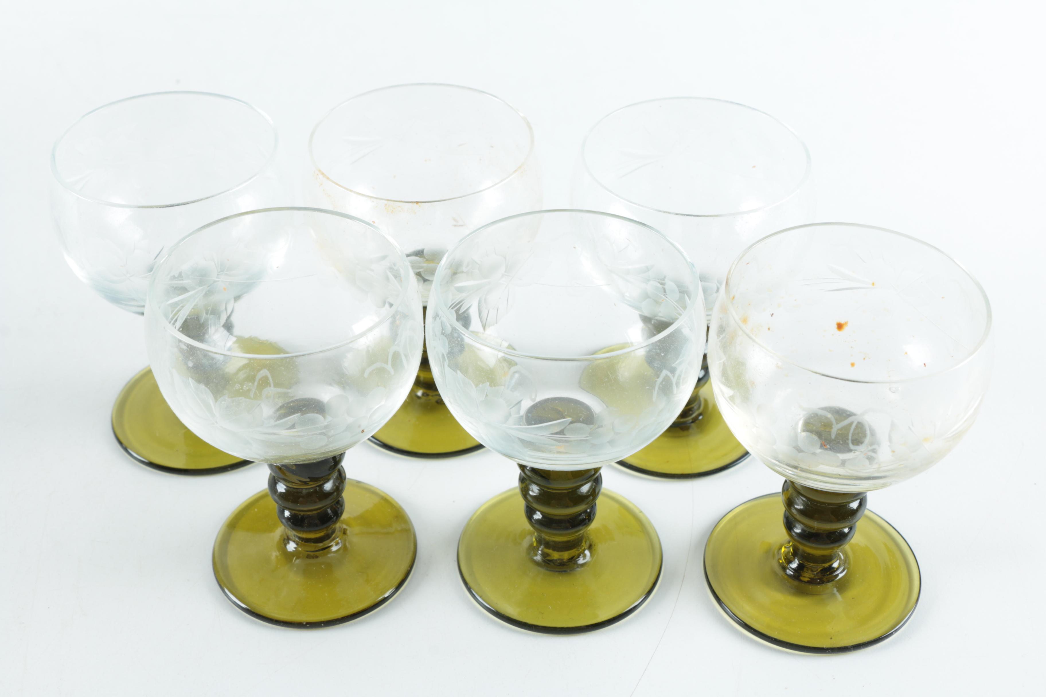 Vintage Roemer Piccolo Grape Leaf Etched Wine Glasses with Green Stems