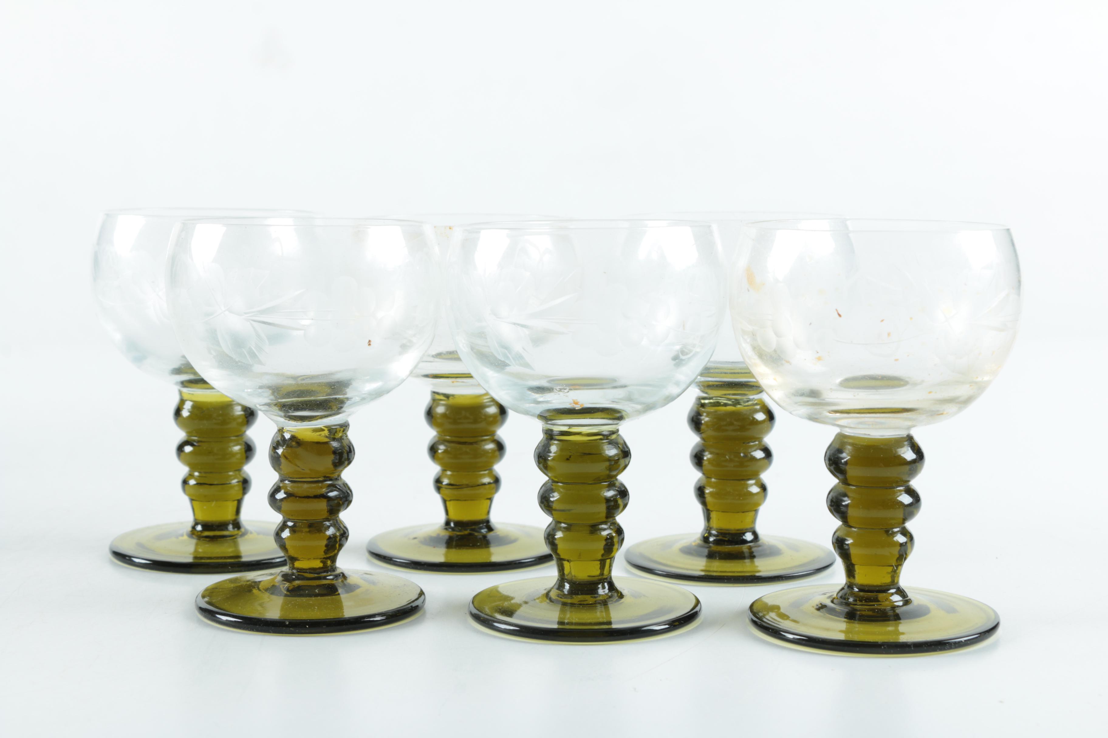 Vintage Roemer Piccolo Grape Leaf Etched Wine Glasses with Green Stems