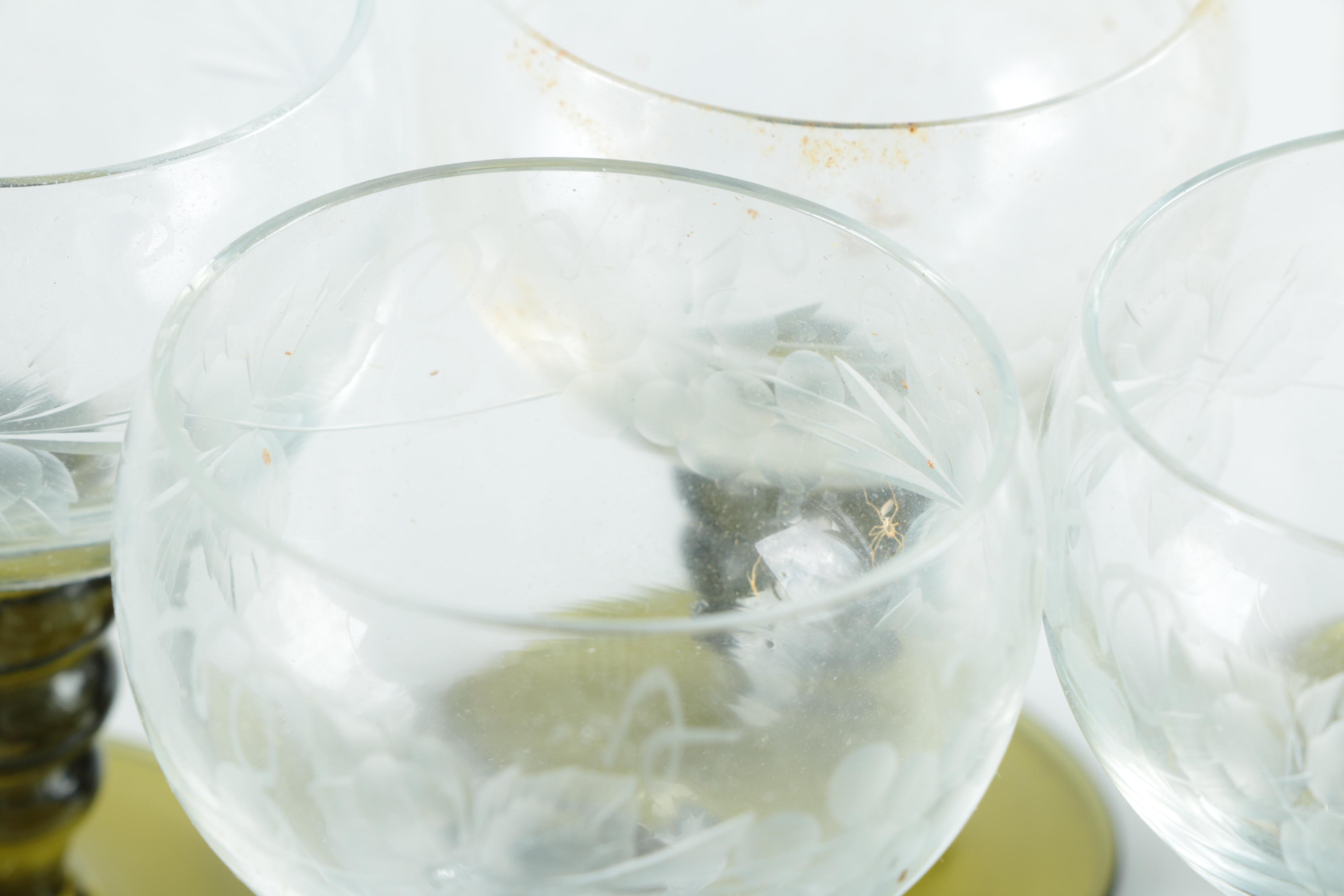 Vintage Roemer Piccolo Grape Leaf Etched Wine Glasses with Green Stems