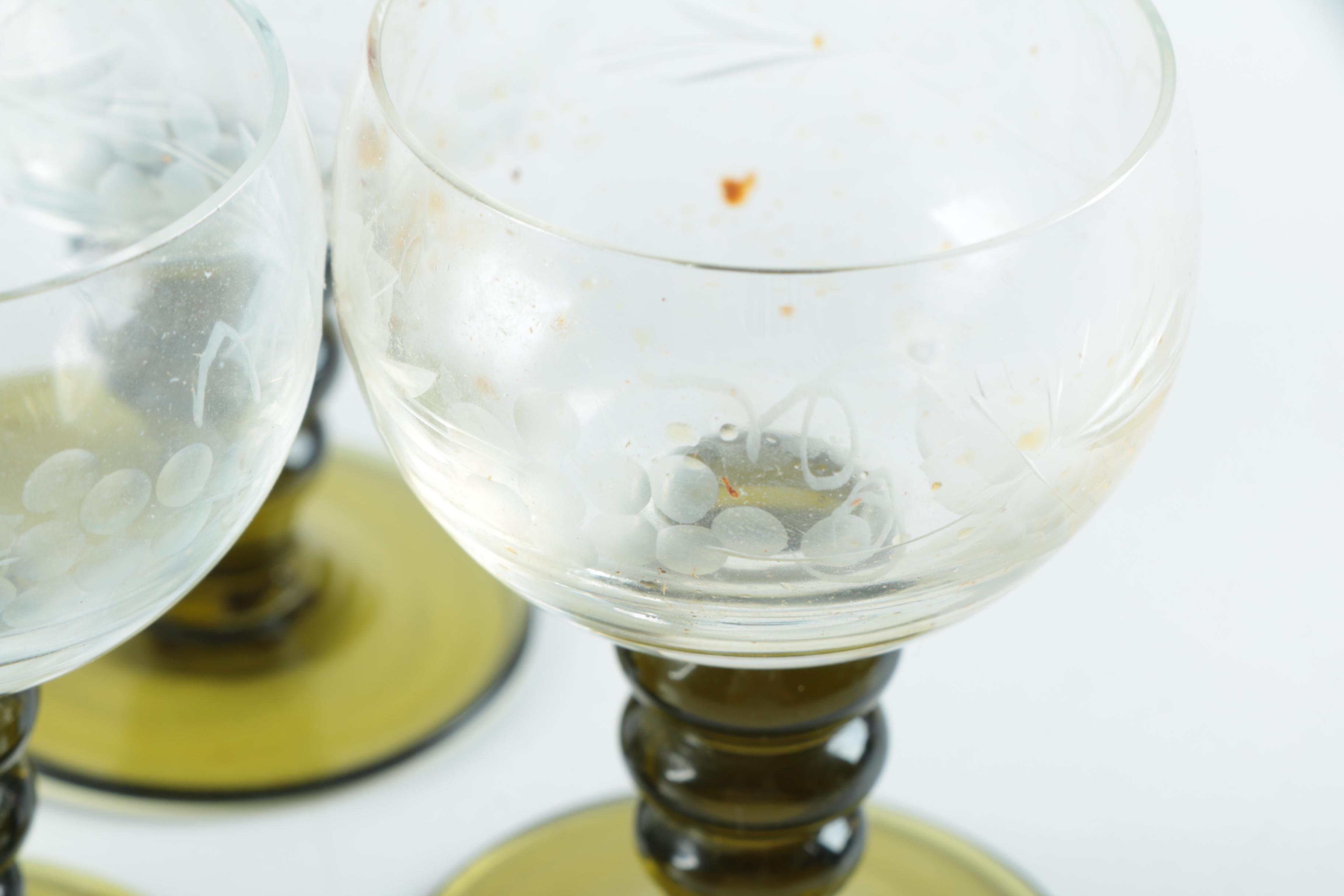 Vintage Roemer Piccolo Grape Leaf Etched Wine Glasses with Green Stems