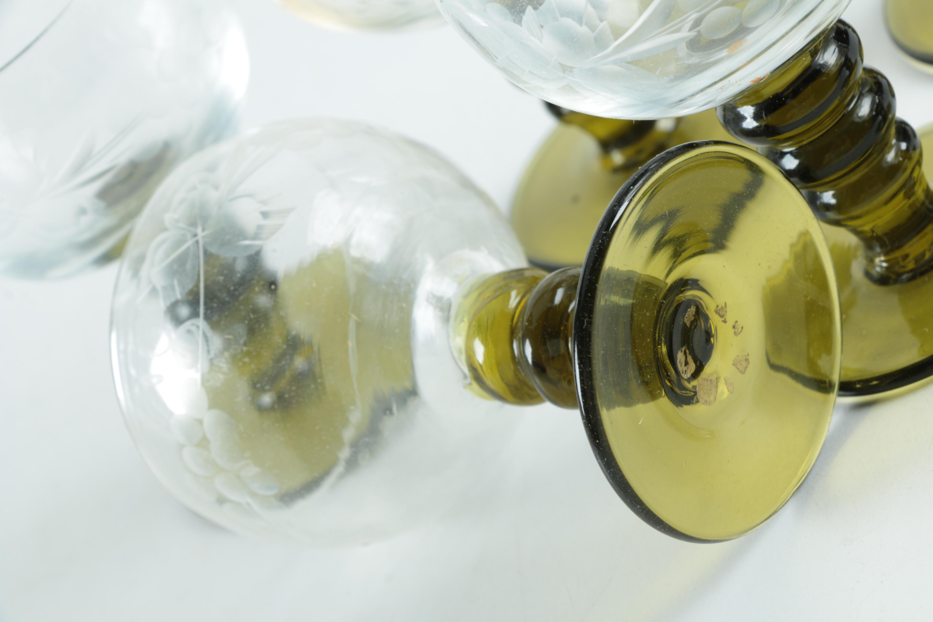 Vintage Roemer Piccolo Grape Leaf Etched Wine Glasses with Green Stems