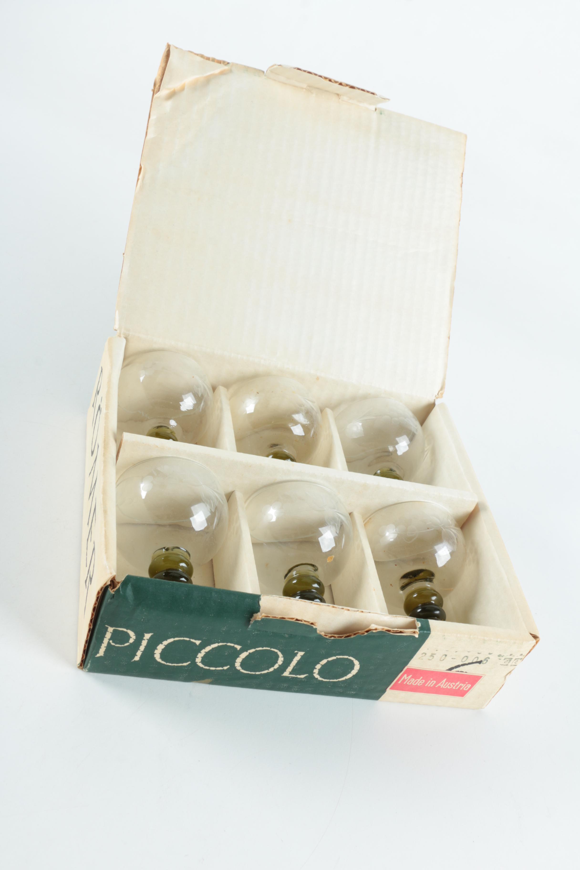 Vintage Roemer Piccolo Grape Leaf Etched Wine Glasses with Green Stems