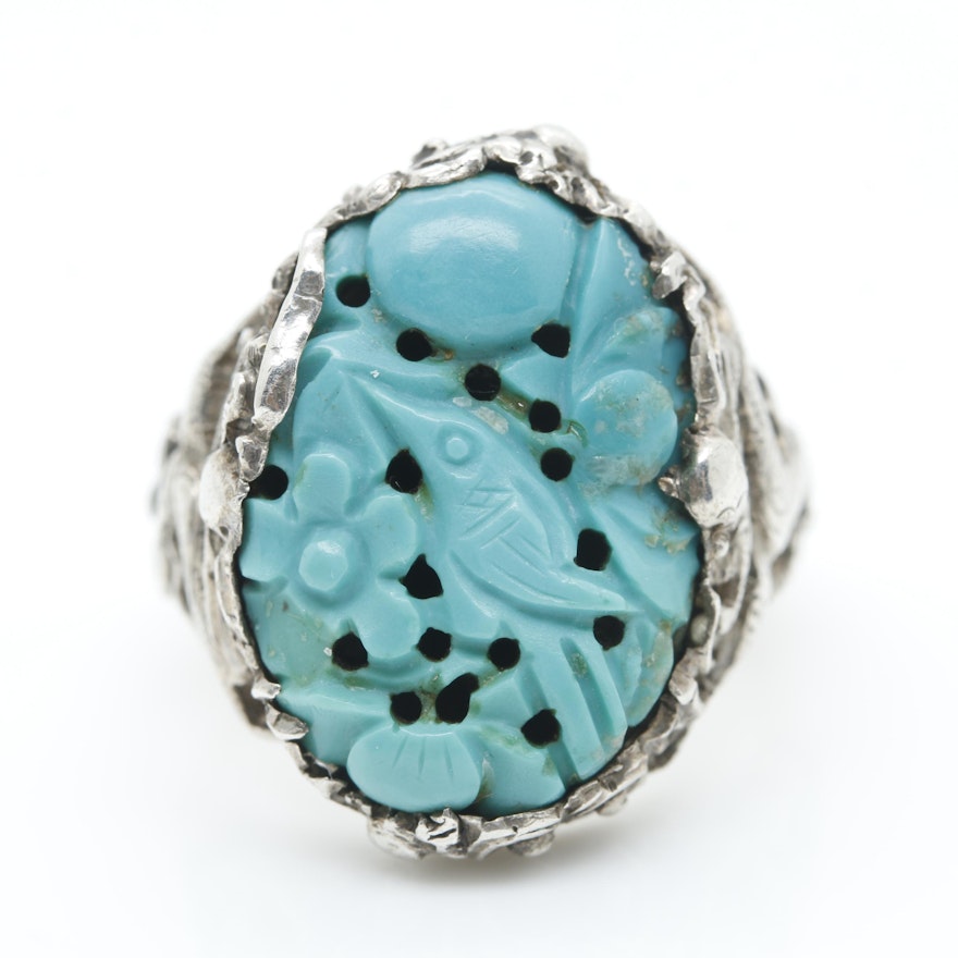 Sterling Silver Vintage Chinese Carved Turquoise Ring