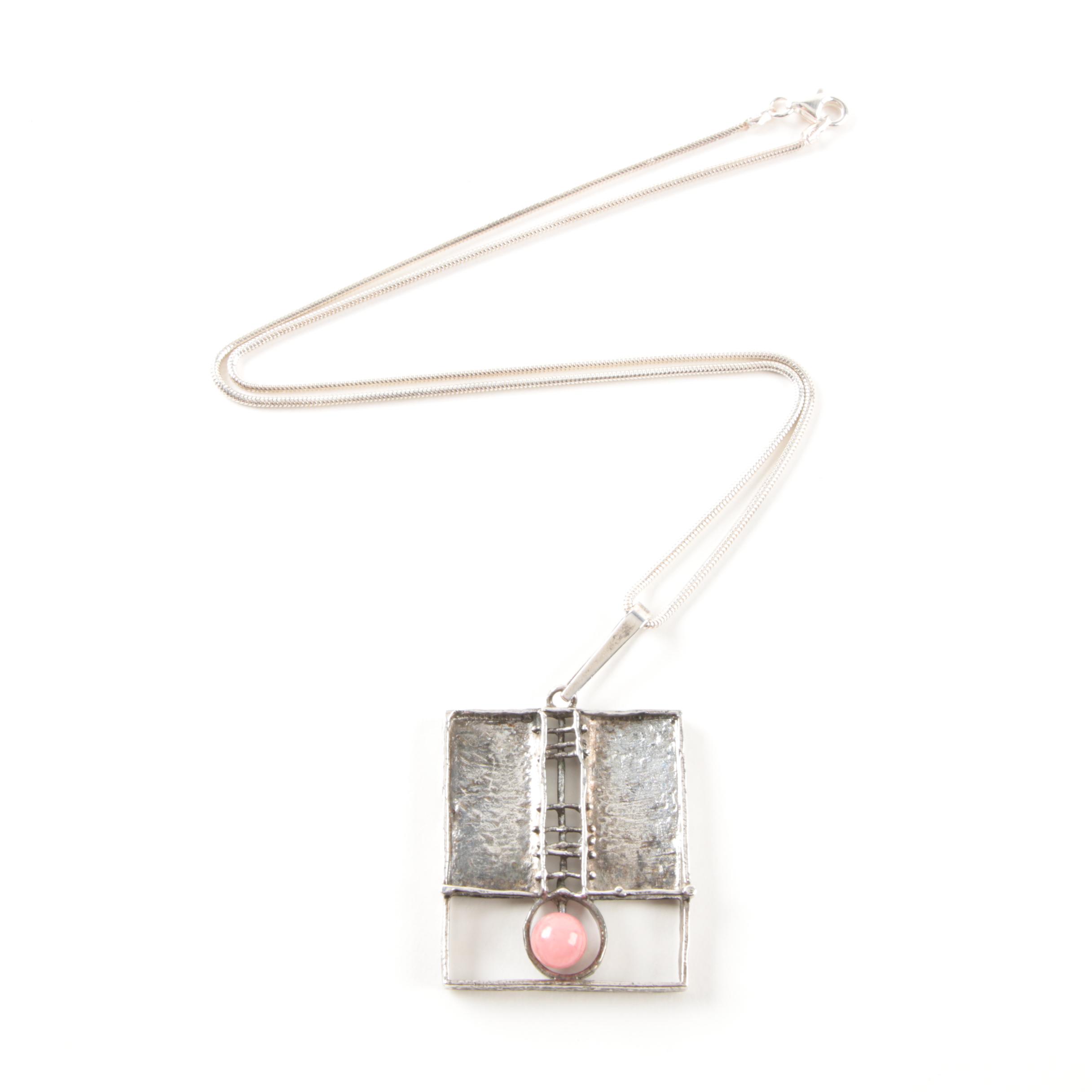 Eric Christophersen Modernist 830 Silver Rhodocrosite Pendant Necklace
