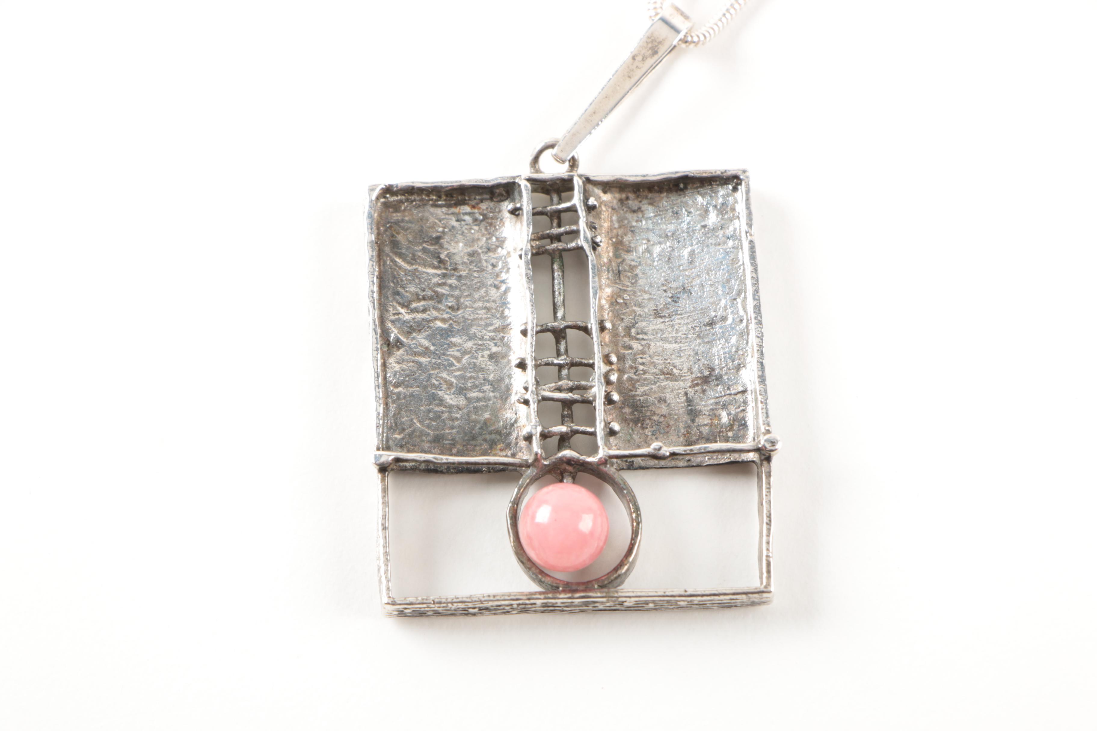 Eric Christophersen Modernist 830 Silver Rhodocrosite Pendant Necklace