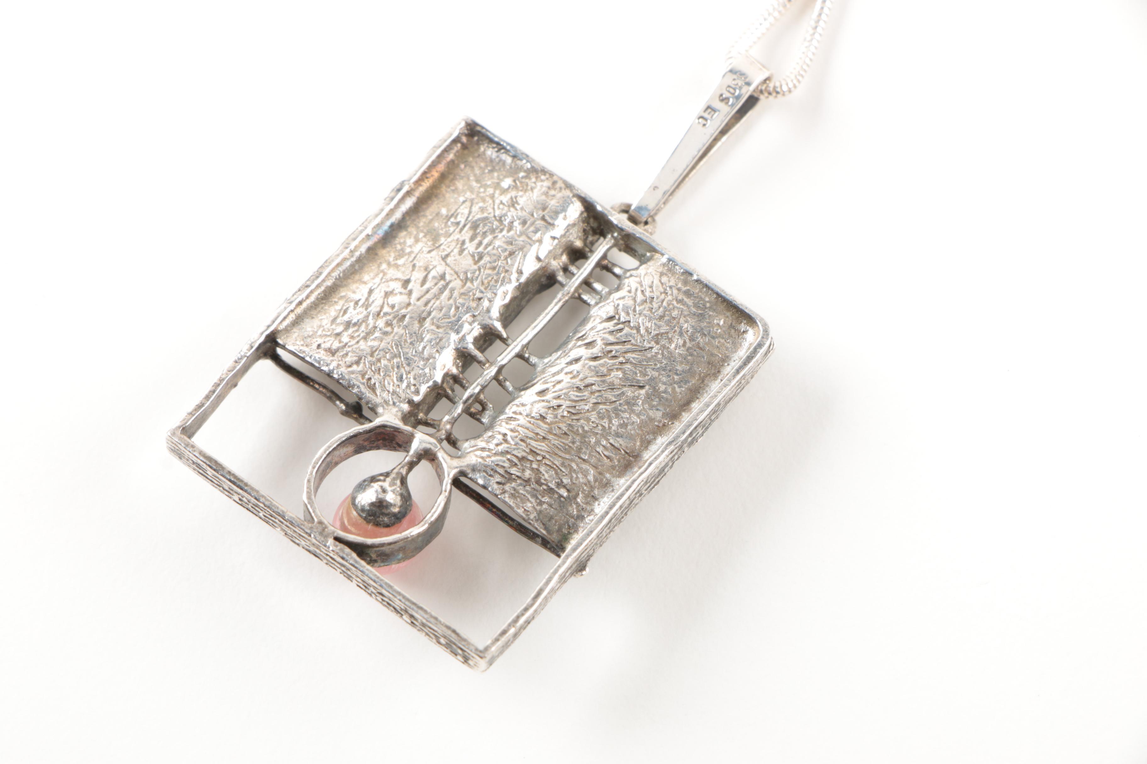 Eric Christophersen Modernist 830 Silver Rhodocrosite Pendant Necklace