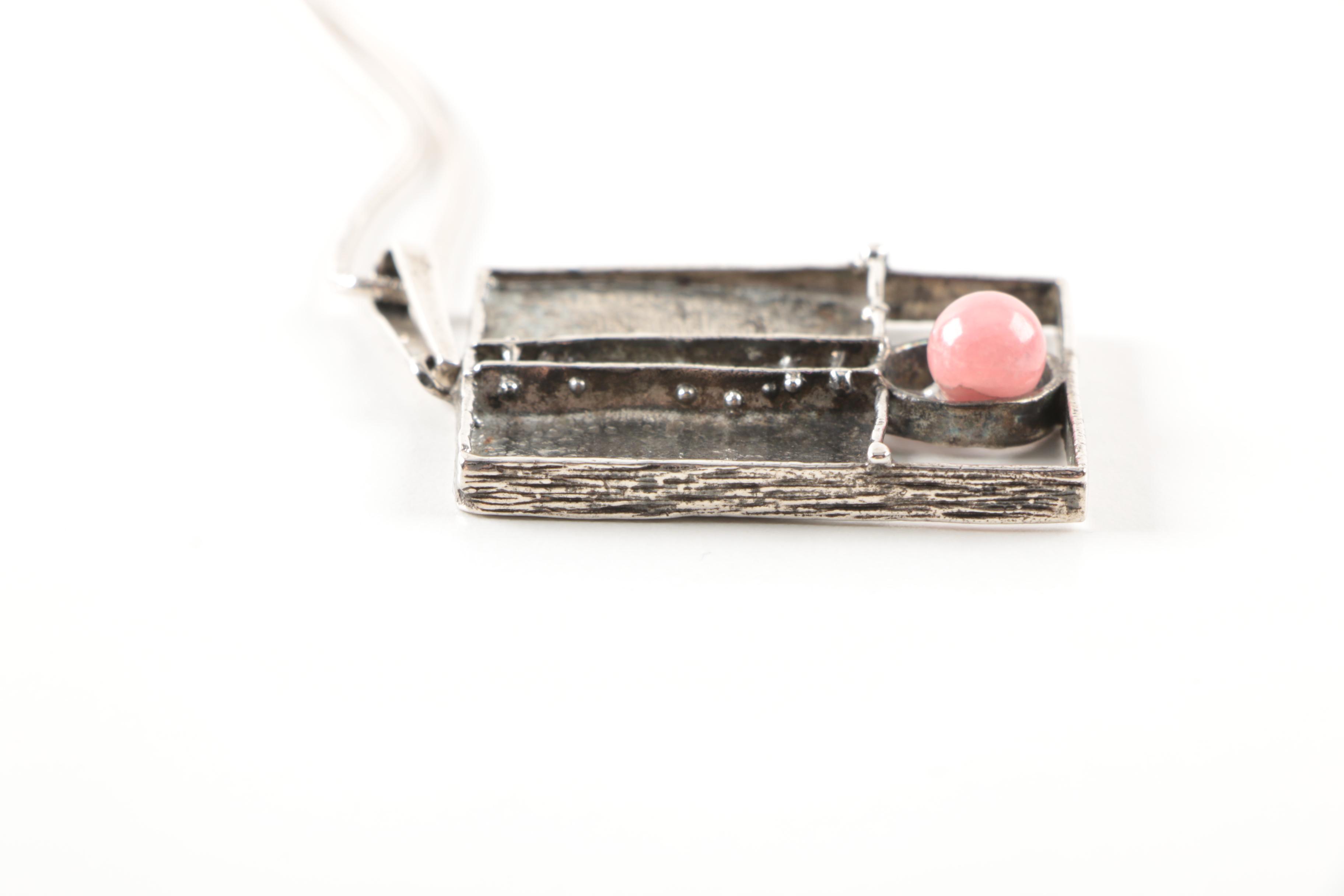 Eric Christophersen Modernist 830 Silver Rhodocrosite Pendant Necklace