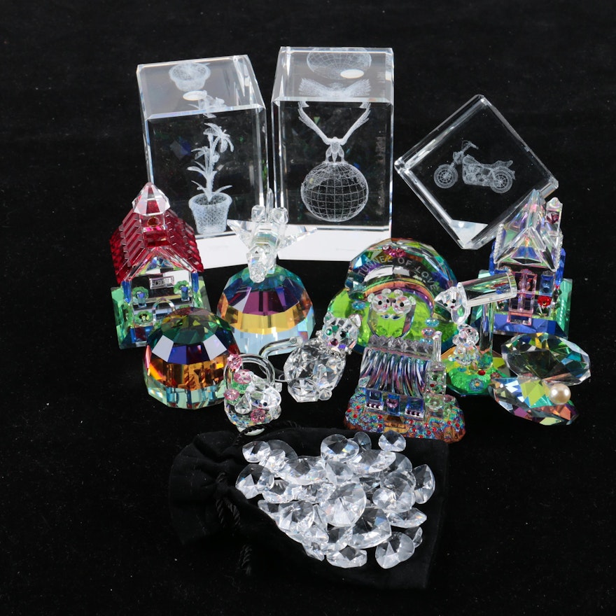 Crystal Figurines Including Bag of Hearts and Paperweights