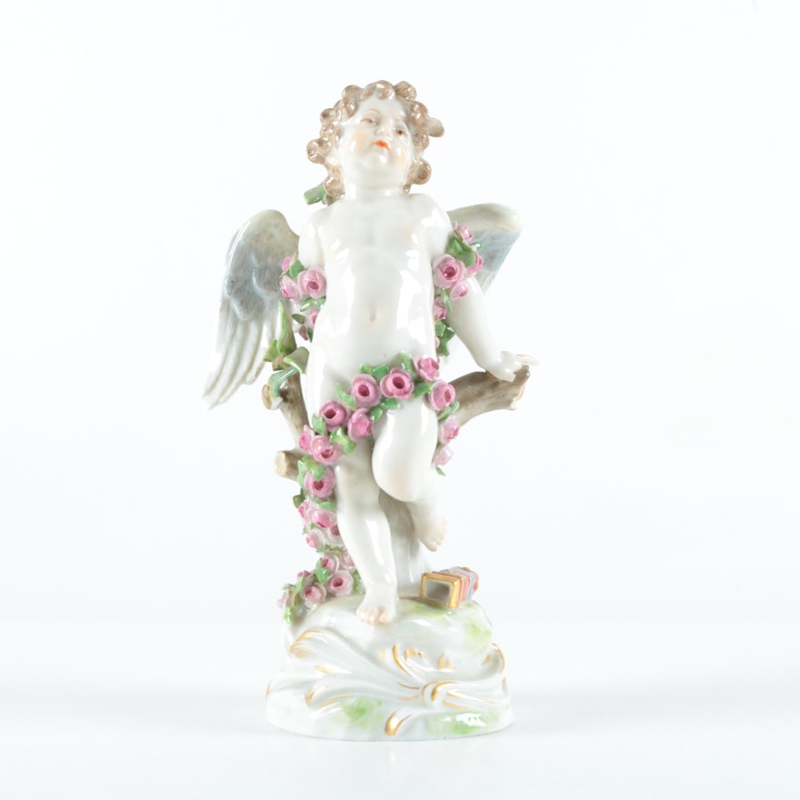 Meissen Ceramic Cherub with Floral Garland Figurine