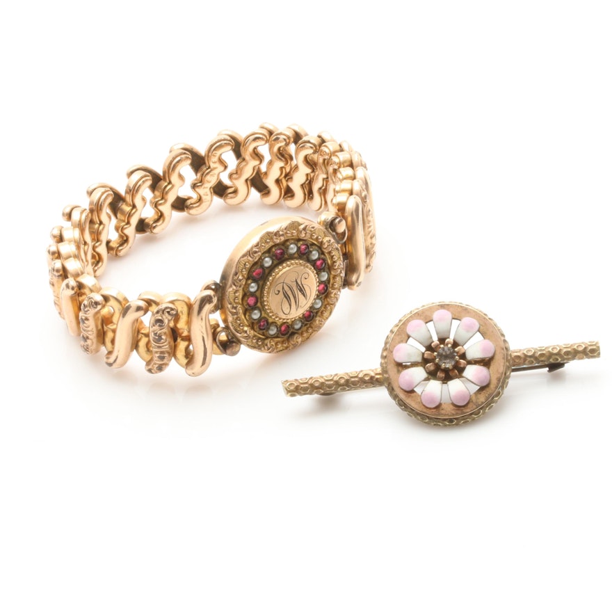 Vintage Gold Tone Expansion Bracelet and Brooch Including Enamel