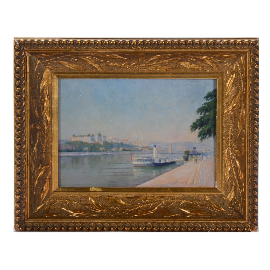 Dezso Czolder Antique Oil Painting on Board of a European River Scene