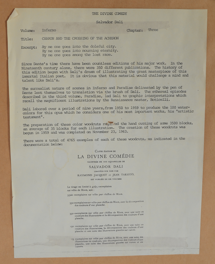 Salvador Dali Woodblock Print "Hell Canto 3" from the Divine Comedy Series