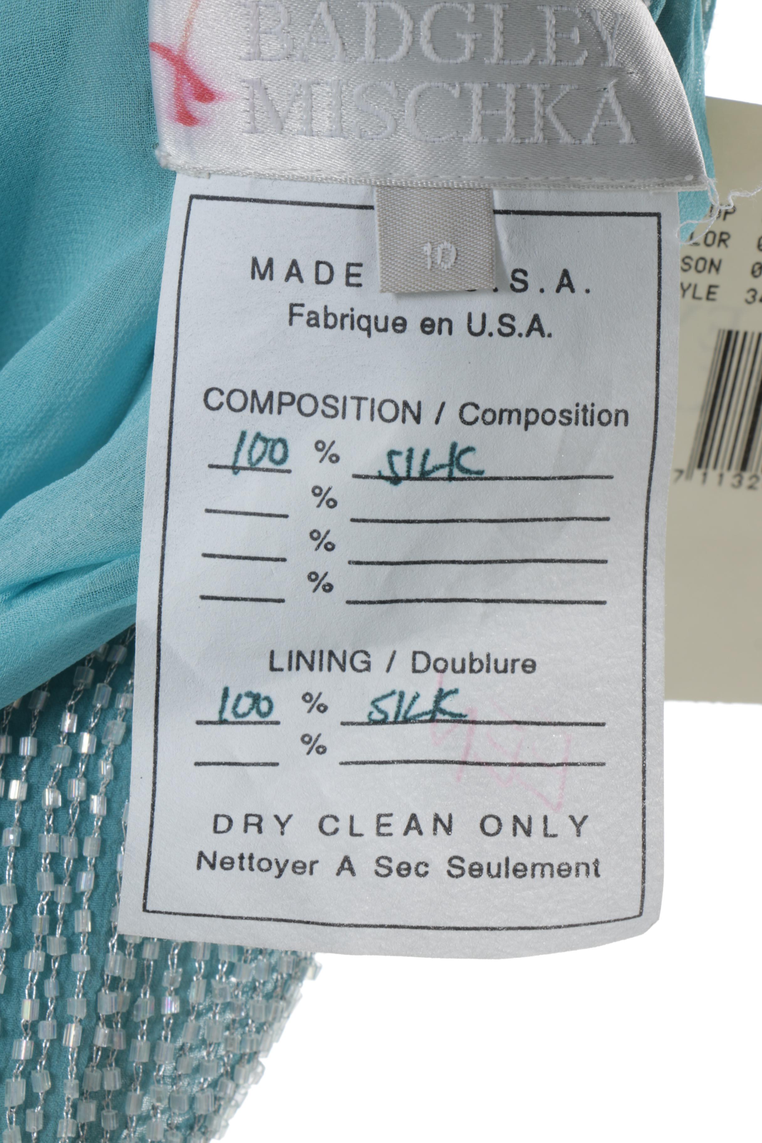 Badgley Mischka Aqua Blue Beaded Silk Sleeveless Dress