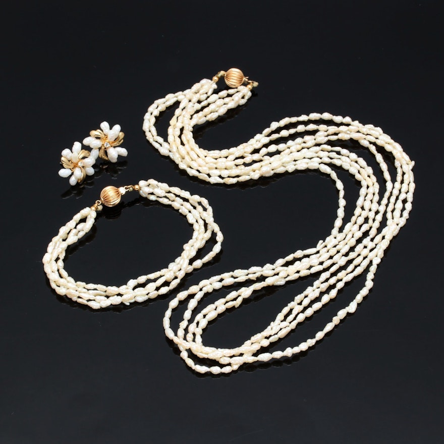 Matching 14K Yellow Gold Pearl Necklace and Bracelet Plus Costume Earrings
