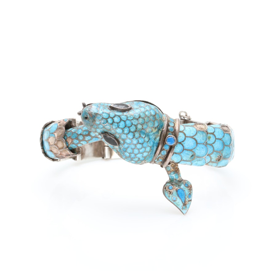 Vintage Margot De Taxco Sterling Silver Blue Enamel Snake Bracelet