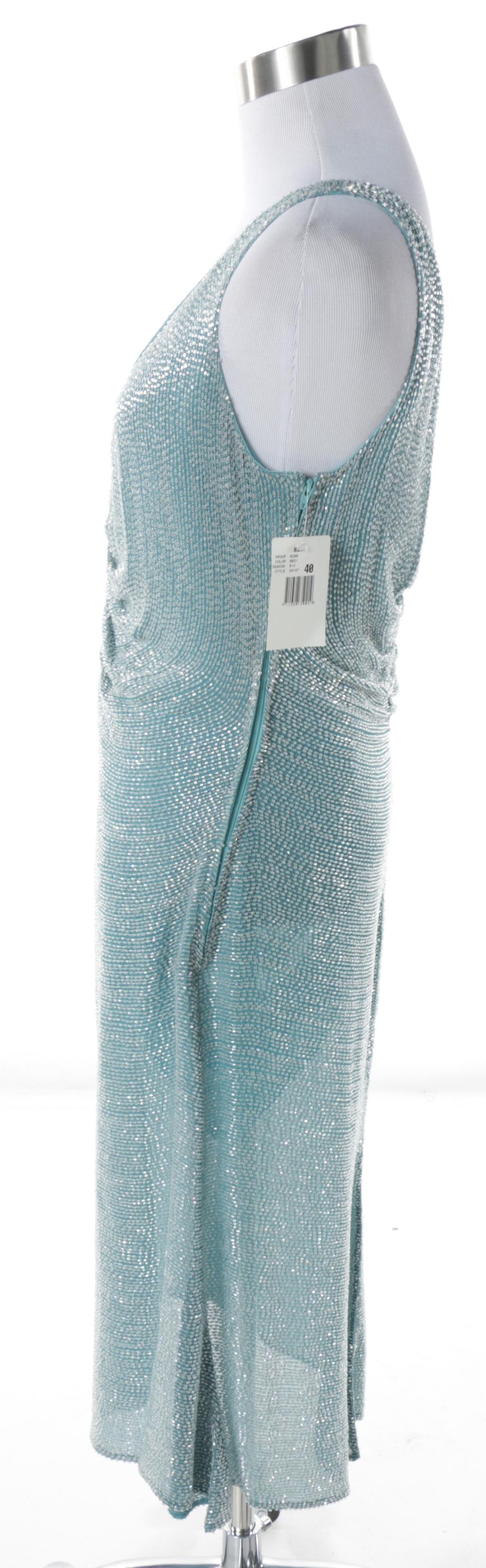 Badgley Mischka Aqua Blue Beaded Silk Sleeveless Dress