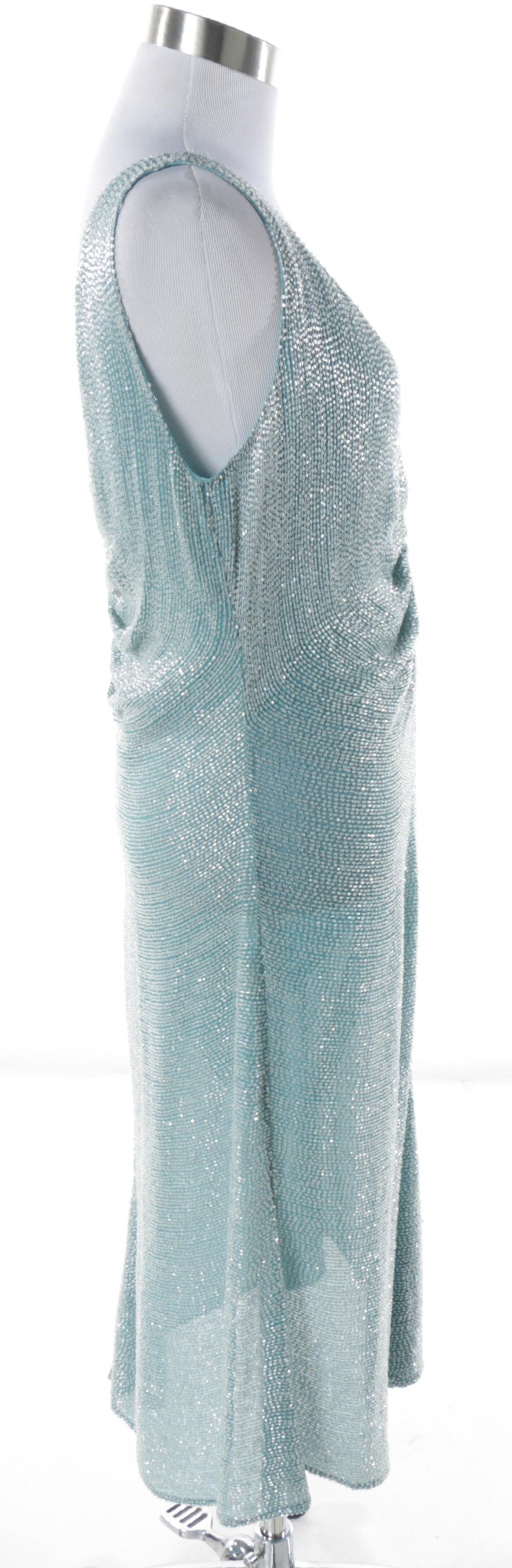 Badgley Mischka Aqua Blue Beaded Silk Sleeveless Dress