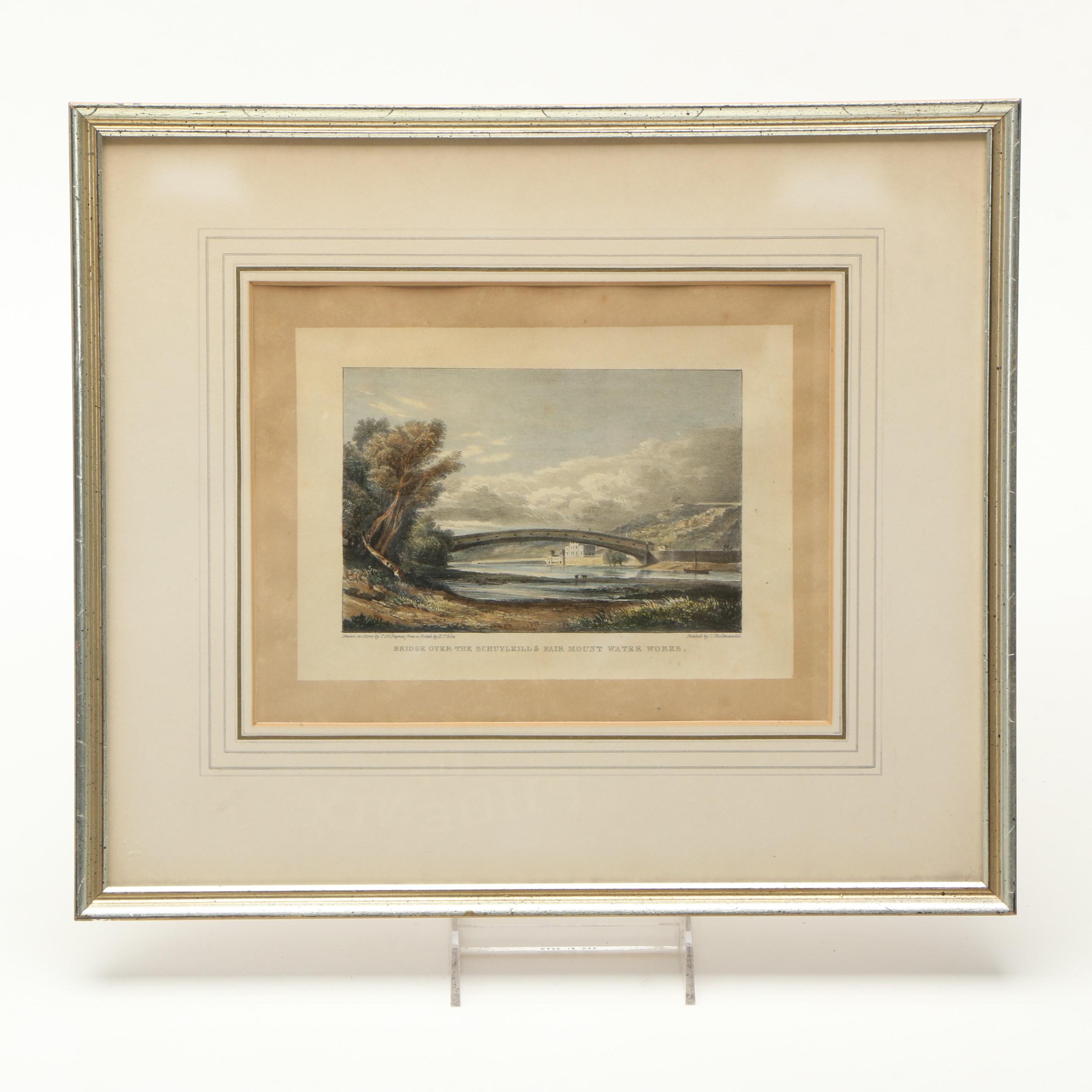 T.M. Baynes Lithograph "Bridge Over the Schuylkill & Fair Mount Water Works"