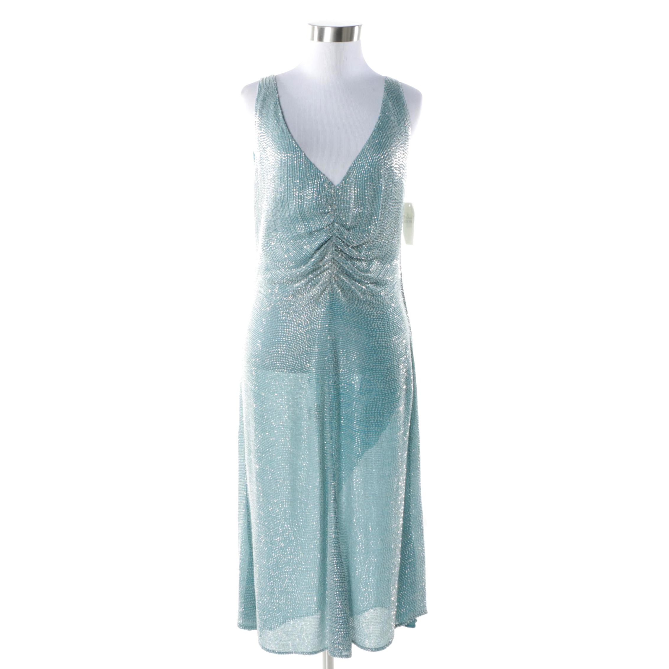 Badgley Mischka Aqua Blue Beaded Silk Sleeveless Dress